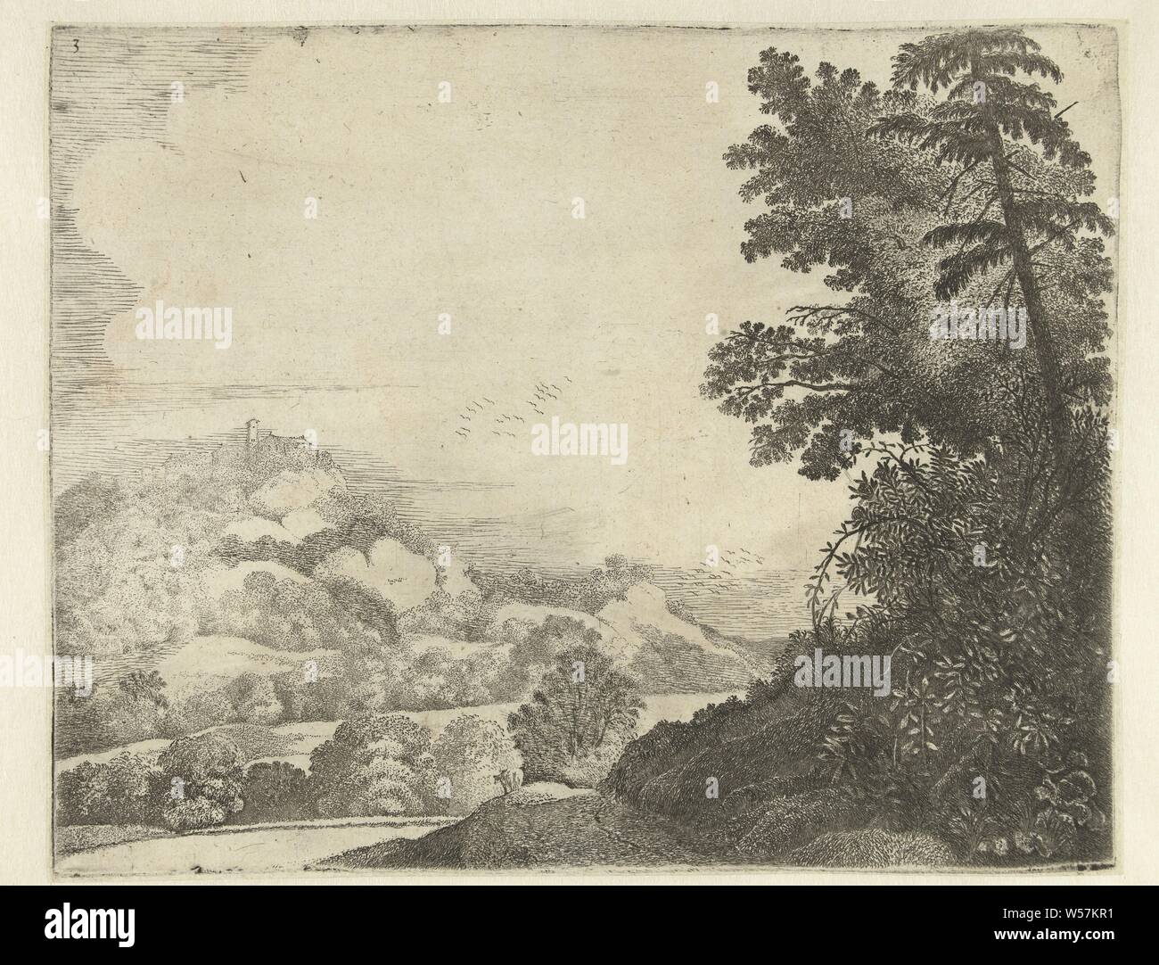 Paysage avec un mouton sur une colline et des arbres paysages (titre de la série), basse colline pays, Jan van Brosterhuyzen (mentionné sur l'objet), Pays-Bas, 1610 - 1650, le papier, gravure, h 170 mm × W 214 mm Banque D'Images