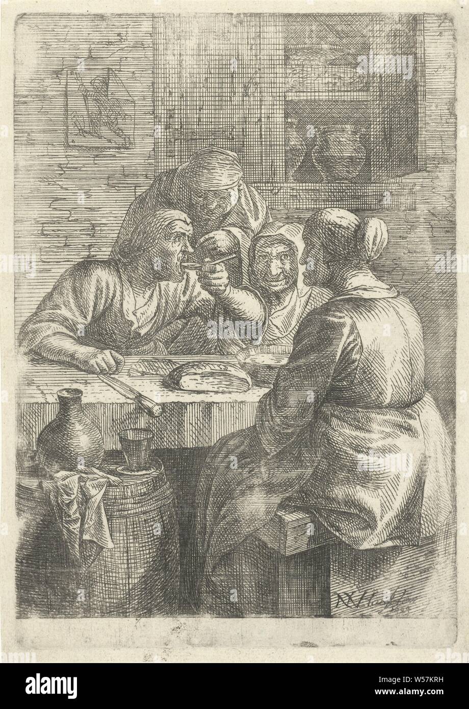 Trois vieilles femmes de manger à une table, trois vieilles femmes de manger à une table. Derrière eux une vieille femme. Sur le front de gauche un tonneau avec une cruche. Il y a une impression sur le mur, manger, Nicolaes van Haeften (mentionné sur l'objet), Paris, 1694, papier, gravure, h 174 mm × W 122 mm Banque D'Images