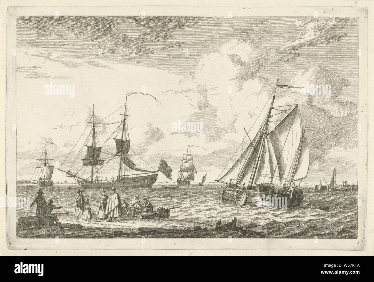 Vue sur la rivière plusieurs bateaux sur les courbes (titre de la série), sur la rivière, vous pouvez voir une péniche chargée avec tonnes. À gauche est un deux-master avec un drapeau anglais. Au premier plan sur la gauche a quelques personnes, y compris un homme avec un long manteau et une femme dont l'assurance est mis à terre à partir d'un bateau. Cette gravure fait partie d'une série de cinq épreuves aux différents navires à voile, les navires (en général), Gerrit Groenewegen, 1793, papier, gravure, h 183 mm × W 271 mm Banque D'Images