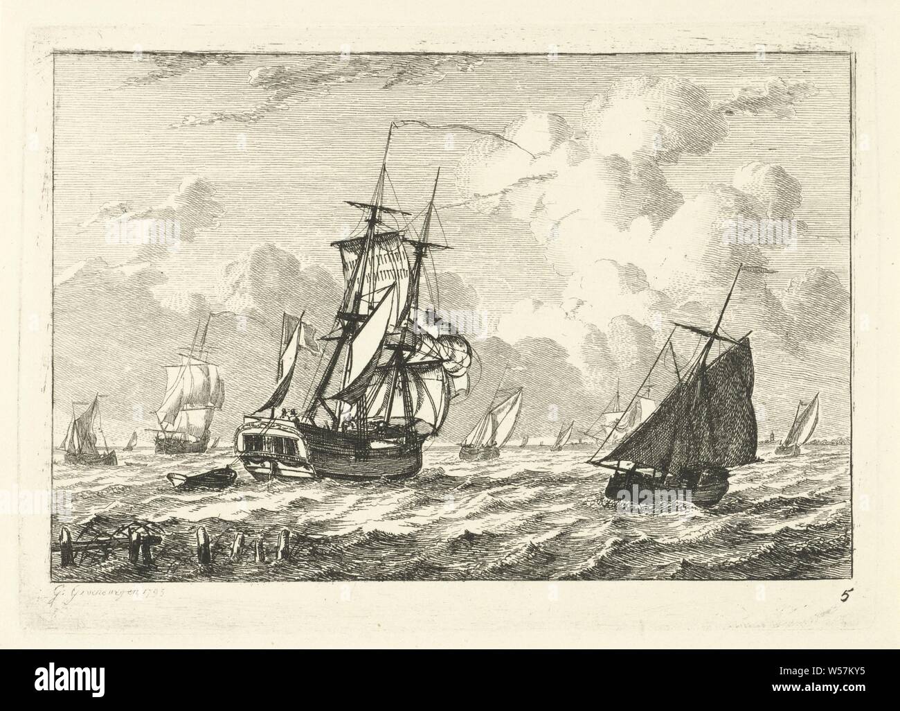 Divers bâtiments à voile sur l'eau troublée différents navires sur l'eau (titre de la série), divers bâtiments à voile sur les eaux turbulentes. Sur la droite un voilier vu de l'arrière, avec un sloop en annexe. Cette gravure fait partie d'une série de six imprime avec différents navires à voile sur l'eau. Ci-dessous dans la marge de droite : 5, les navires (en général), Gerrit Groenewegen (mentionné sur l'objet), Rotterdam, 1795, papier, gravure, h 130 mm × W 190 mm Banque D'Images