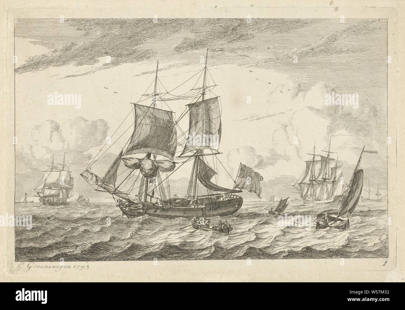 Navires à voile sur l'eau agitée de plusieurs navires (titre de la série), divers navires à voile sur l'eau turbulente. Au premier plan un deux-master avec un drapeau anglais. Il y a une chaloupe sur le pont du bateau. Un bateau à rames avec huit chiffres est indiqué à côté du deux-master. Cette gravure fait partie d'une série de cinq épreuves aux navires différents sur l'eau ouverte. Dans la marge de droite : 1, bateau à rames, canoë, etc, les navires (en général), Gerrit Groenewegen (mentionné sur l'objet), Rotterdam, 1793, papier, gravure, h 189 mm × W 269 mm Banque D'Images