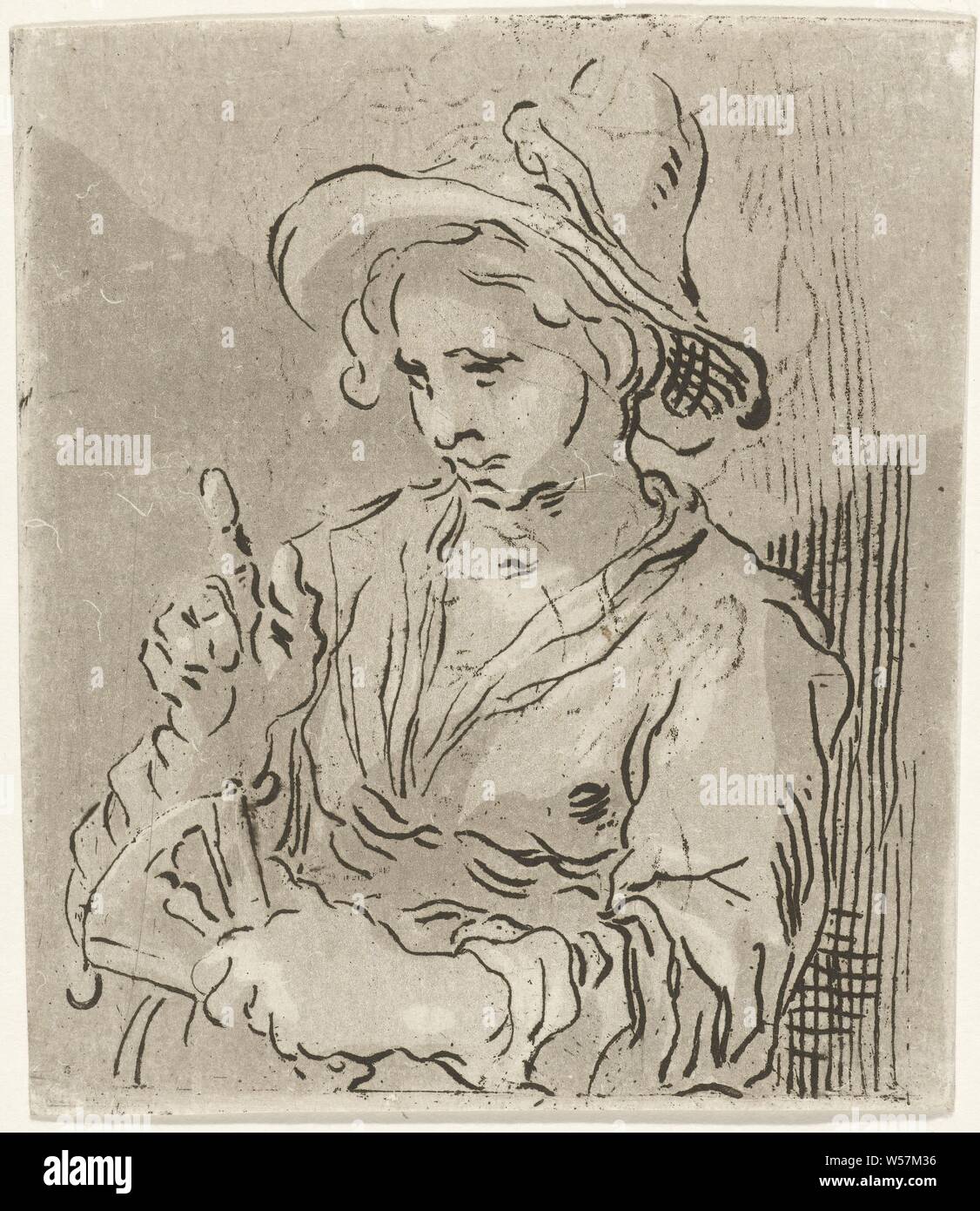 Femme avec un ventilateur, une femme avec un grand chapeau et un ventilateur dans sa main gauche. Avec son index droit elle fait un geste., ventilateur, Hermanus Fock, 1781 - 1822, le papier, gravure, h 108 mm × w 93 mm Banque D'Images