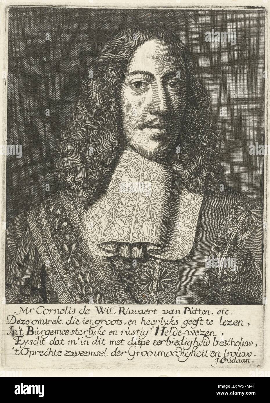 Portrait de Cornelis de Witt, Cornelis de Wit, Ruwaert van Putten, etc. (titre sur l'objet), buste de Cornelis de Witt, membre de l'Amirauté de Rotterdam, matières van Putten et huissier. Beijerlanden Ci-dessous le portrait de cinq lignes de texte en néerlandais par J. Oudaan., historique, Cornelis de Witt, Samuel van Hoogstraten, Pays-Bas, 1648 - 1677, papier, gravure, h 174 mm × W 126 mm Banque D'Images