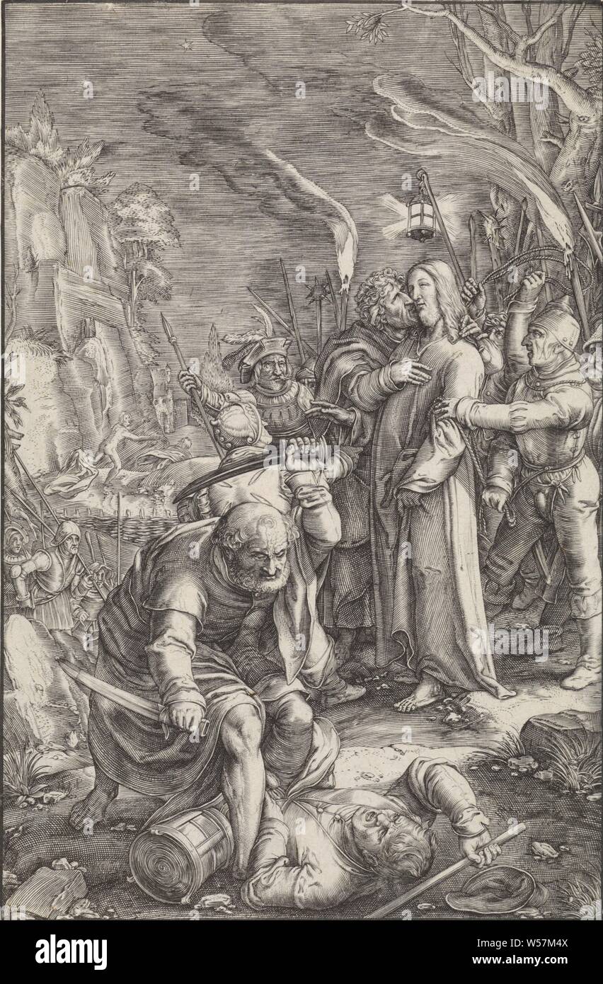 Capture de la Passion du Christ (titre de la série), le Christ est capturé par des soldats dans le jardin de Gethsémani. Judas l'embrasse sur la joue. Dans l'avant-plan Petrus Malchus tranche une oreille, Peter tire son épée et coupe l'oreille de Malchus, le baiser de Judas : accompagné par des soldats avec des torches et des lanternes, il embrasse le Christ, Ludovicus Siceram, Anvers, 1623, papier, gravure, h 193 mm × W 128 mm Banque D'Images