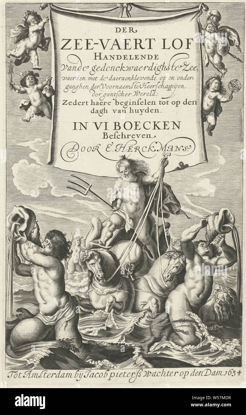 Neptune debout sur une coquille tirée par des chevaux au milieu de créatures de la mer, au-dessus de lui tenir quatre putti avec de l'intitulé des éloges pour le mémorial de la la plupart des marins, avec l'adhésion et à l'automne des plus grands dirigeants du monde., Cornelis Van Dalen (I), Amsterdam, 1634, papier, gravure, h 274 mm × W 172 mm Banque D'Images