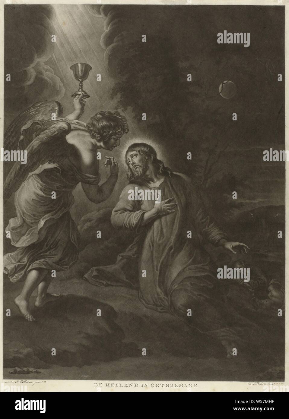 Le Christ au Jardin de Gethsémani le Sauveur à Gethsémani. (Titre sur l'objet), le Christ prie à Dieu dans le jardin de Gethsémané et reçoit une vision. Un ange avec un calice apparaît dans le nuage ciel. Dans l'arrière-plan deux de ses élèves sont dormir, dormir, l'inconscience, l'agonie du Christ : pour le réconforter un ou plusieurs anges apparaissent au Christ avec calice et / ou croix, Charles Howard Hodges, Londres, 1808, papier, h 595 mm × W 440 mm Banque D'Images