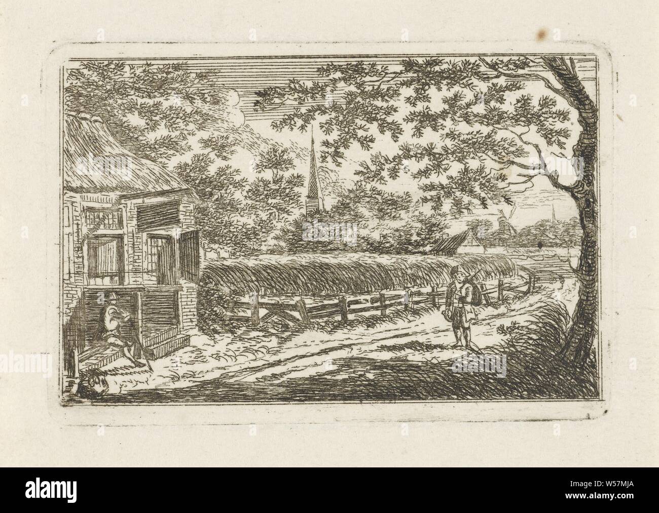 Route de campagne avec deux chiffres, sur une route de campagne se dresse une figure avec un chapeau et un sac sur son dos. Un homme est assis sur un canapé en face de la maison sur la route de campagne. Dans l'arrière-plan les contours d'une église et un moulin, paysages, moulin, l'église (extérieur), Andries Cornelis Krijgeer (mentionné sur l'objet), Amsterdam, 1797 - 1835, le papier, gravure, h 62 mm × w 94 mm Banque D'Images