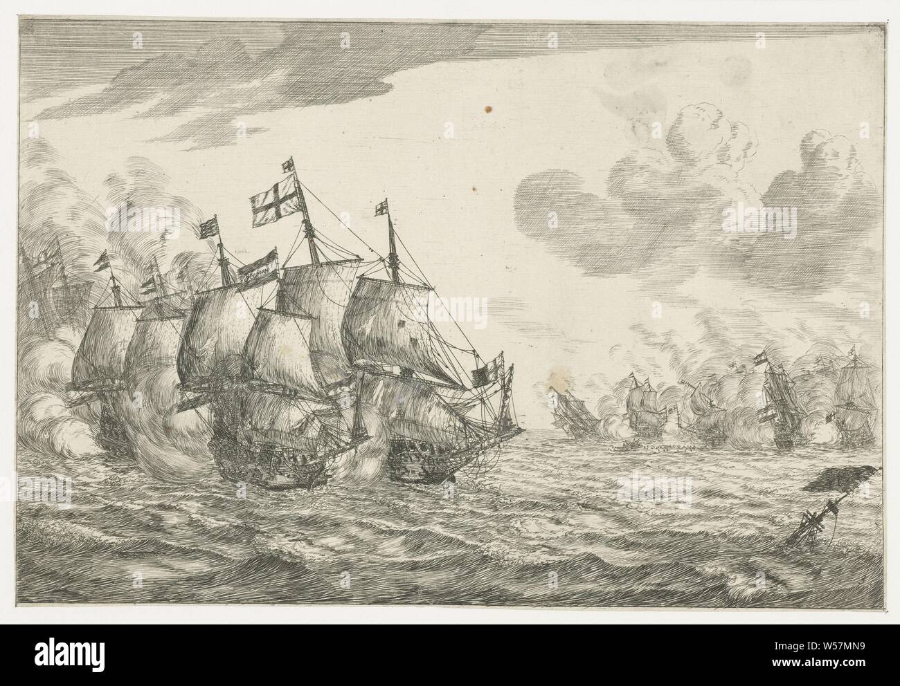 Bataille navale nouveau navire bataillon (titre de la série), deux grosses  batailles entre les navires néerlandais et l'anglais., Reinier Nooms  (mentionné sur l'objet), Pays-Bas, 1652 - 1670, le papier, pointe sèche, h