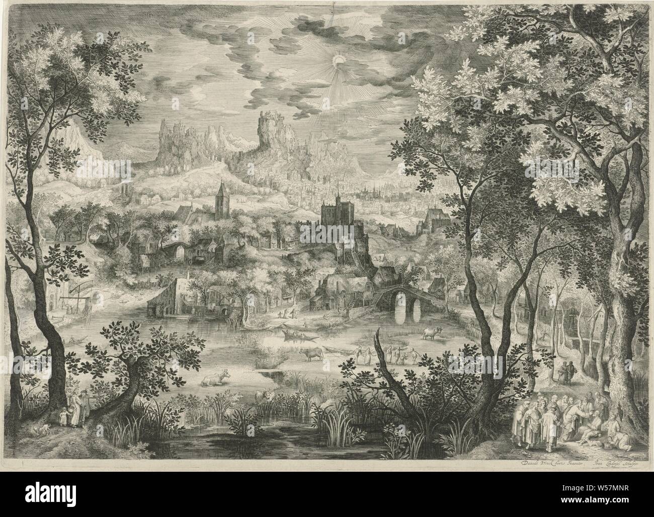 Paysage avec la guérison de l'Aveugle Paysage avec le Christ la guérison de l'aveugle, avec un paysage boisé ville construite contre les collines au loin. Au premier plan une zone marécageuse dans laquelle le Christ guérit un aveugle sous l'œil attentif des spectateurs. De l'autre côté du marécage, un fermier et sa femme regarder le miracle d'une distance, de guérison ou d'un homme né aveugle : le Christ lui touche les yeux avec un onguent ou de poussière et de crachats (Jean 9), marécage, marais à l'intérieur des terres, les fens, Jan van Londerseel (mentionné sur l'objet), ch. 1601, papier, gravure, h 355 mm × W 493 mm Banque D'Images