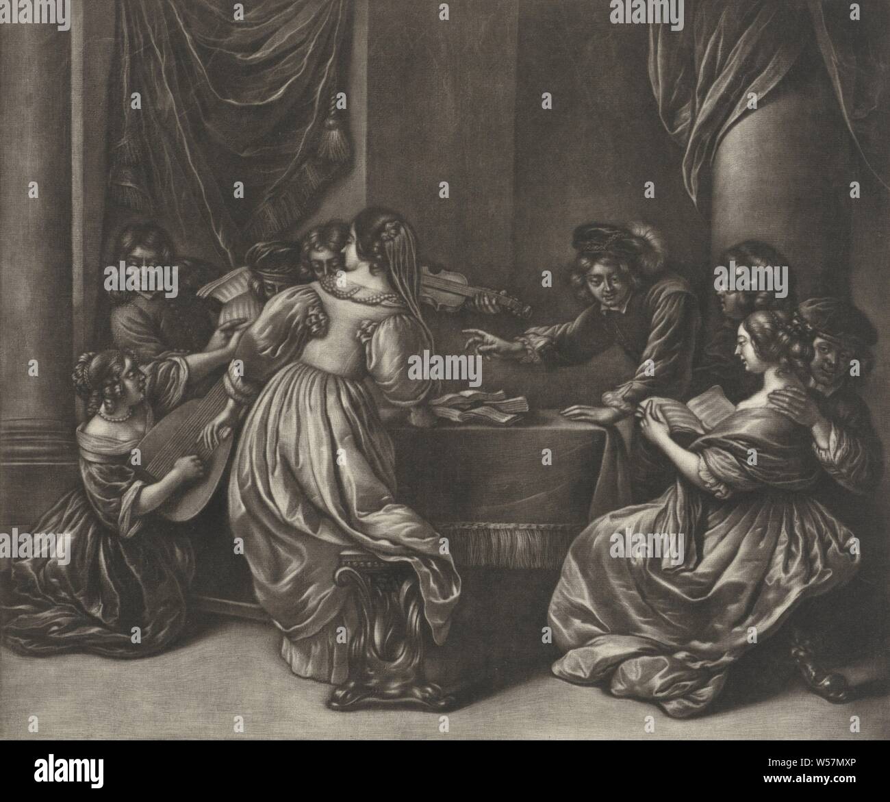 Société de musique, autour d'une table de 9 personnes d'une société de musique. Ils chantent, jouent du violon et du luth. Sur la table des livrets avec des partitions de musique., Jan van Somer, 1655 - 1700, papier, h 331 mm × W 395 mm Banque D'Images