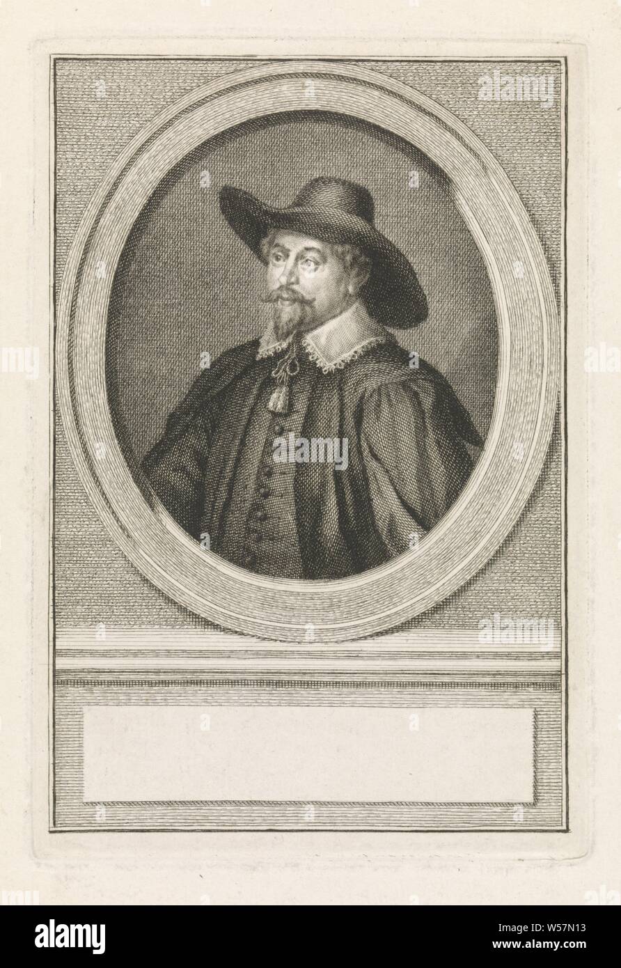 Portrait de Nicolaes Tulp, Portrait de la maire d'Amsterdam et le Conseil de la ville de Nicolaes Tulp dans un ovale. Le portrait s'appuie sur un socle avec un champ vide en face de son nom, les personnes historiques, Nicolaes Tulp, Jacob Houbraken, Amsterdam, 1749 - 1780, papier, gravure, h 175 mm × W 119 mm Banque D'Images