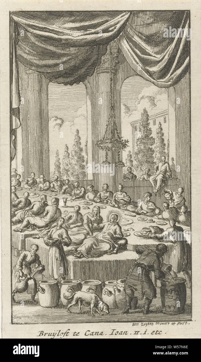 Mariage dans Bruijloft Kana dans Cana vingt-quatre scènes du Nouveau Testament (titre de la série), les noces de Cana (Jean 2 : 1-11), Jan Luyken (mentionné sur l'objet), Amsterdam, 1681, papier, gravure, h 74 mm × W 125 mm Banque D'Images