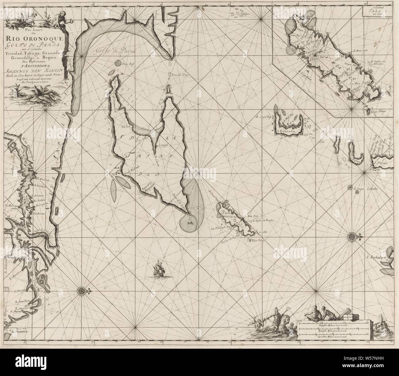 Carte Pass du golfe de Paria, à l'embouchure de l'orénoque carte Pass de Rio Oronoque Golfo de paria. avec d''ey pays Trinidad, Niger, Grenade, Granadillos, et Bequia (titre sur l'objet), la carte passeport du golfe de Paria, à l'embouchure de l'Orénoque et de l'insérer la carte de Tobago. Avec deux rose, le Nord est à droite. Haut à gauche un singe à l'intitulé et l'adresse de l'éditeur. Coin inférieur droit avec trident de Neptune et de la couronne sur un cheval de mer accompagné de deux sirènes. Deux hommes avec des sacs de marchandises à l'échelle, illustré en Allemand, Espagnol et Anglais ou Français miles Banque D'Images