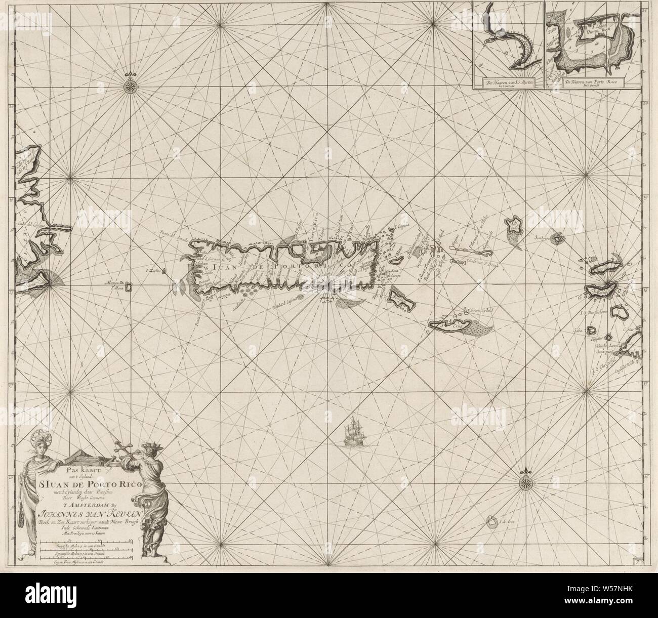 Carte Passeport de Porto Rico Pas de carte t Eyland S.Iuan le Porto Rico avec d'Eylanden là (titre sur l'objet), la carte passeport de Porto Rico, avec des encarts de St Thomas et le port de Puerto Rico. Avec deux rose, le Nord est au-dessus. En bas à gauche du titre, l'adresse de l'éditeur et l'échelle, illustré en Allemand, Espagnol et Anglais ou Français miles (échelle : ch. 1 : 1 300 000). Les données est flanqué d'une femme avec une couronne du navire et un personnel de Jacob et une femme avec un armillarium sur sa tête, sphère armillaire, squelette globe céleste, Puerto Rico, Jan Luyken, Amsterdam, 1684 - 1799 Banque D'Images