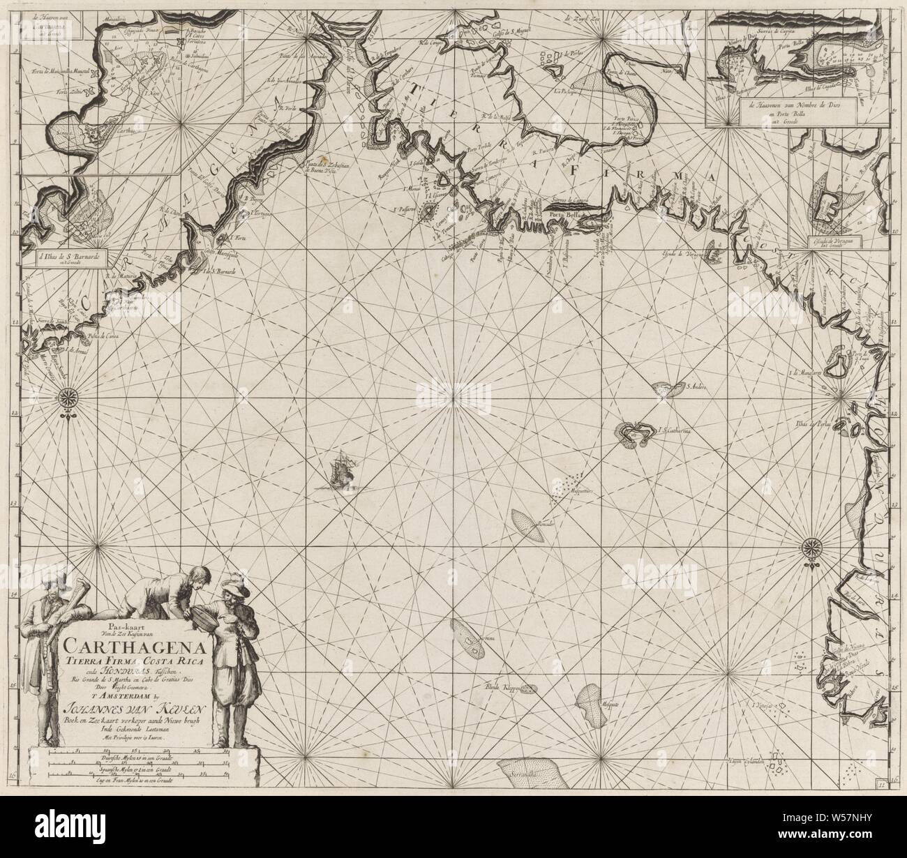 Carte Passeport des côtes de Colombie, Panama, Costa Rica et le Honduras, avec une insertion de carte carte Pass de Carthagène de la mer côtes de Carthagena Tierra Company, au Costa Rica et au Honduras. Entre Rio Grande de S. Martha et Cabo de Gratias Dios (titre sur l'objet), carte passeport pour les côtes de la Colombie, avec trois cartes à insérer, dont une est Carthagena. Avec deux rose, le Nord est ci-dessous. En bas à gauche du titre, l'adresse de l'éditeur et l'échelle, illustré en Allemand, Espagnol et Anglais ou Français miles (échelle : ch. 1 : 1 900 000). Les données est flanquée de deux hommes à la Banque D'Images