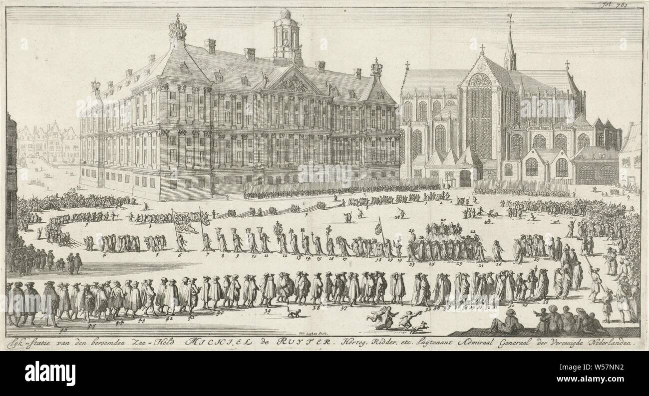 Funérailles de Michiel de Ruyter, 1677 Lyk-station du célèbre Héros des mers Michiel de Ruyter, Duc, Chevalier etc. Luijtenant Amiral général de l'Organisation des Pays-Bas (titre sur l'objet) aux funérailles de Michiel de Ruyter à Amsterdam le 18 mars 1677. La procession passe par le barrage le long de la mairie à la Nieuwe Kerk. Ci-dessous le montrent l'intitulé. En haut à droite : numérotée 781, fol de cérémonie funéraire, cortège, procession funéraire, de l'église (extérieur), mairie, Nieuwe Kerk, à l'Hôtel de Ville d'Amsterdam (1655-1808), barrage, Michiel de Ruyter, Adriaansz. Jan Luyken (mentionné sur l'objet), Amsterdam Banque D'Images