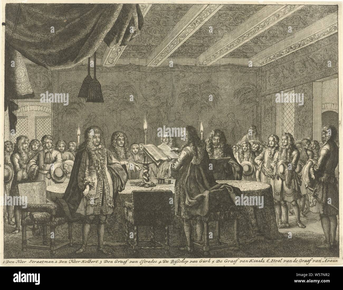 La signature du traité de paix entre la France et l'empereur allemand, le 5 février 1679, la signature du traité de paix entre la France et l'empereur allemand dans l'hôtel de ville de Nimègue à 10 heures ' soir 5 février 1679. Intérieur avec un groupe d'hommes debout autour d'une table aux chandelles. Parmi les négociateurs sont : Graf Strattmann, Marquis de Croissy (Colbert), Comte d'estrades, l'évêque de Gurk, Graf Kinsky, et la chaise vide du Comte d'Avaux. Dans la marge la légende 1-5, signature du traité de paix, dans la conclusion de la paix, de l'Hôtel de Ville, Theodor Heinrich Graf Strattmann, Alethaeus Banque D'Images