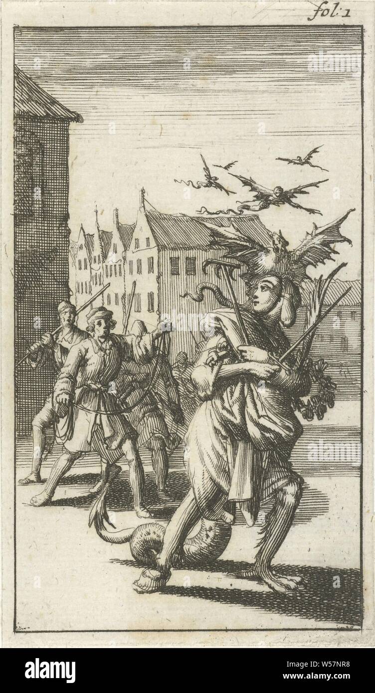 Sin poursuivi par trois hommes, en haut à droite marque : fol : 1, les sept péchés capitaux (personnifié), Jan Luyken, Amsterdam, 1687, papier, gravure, h 116 mm × w 67 mm Banque D'Images