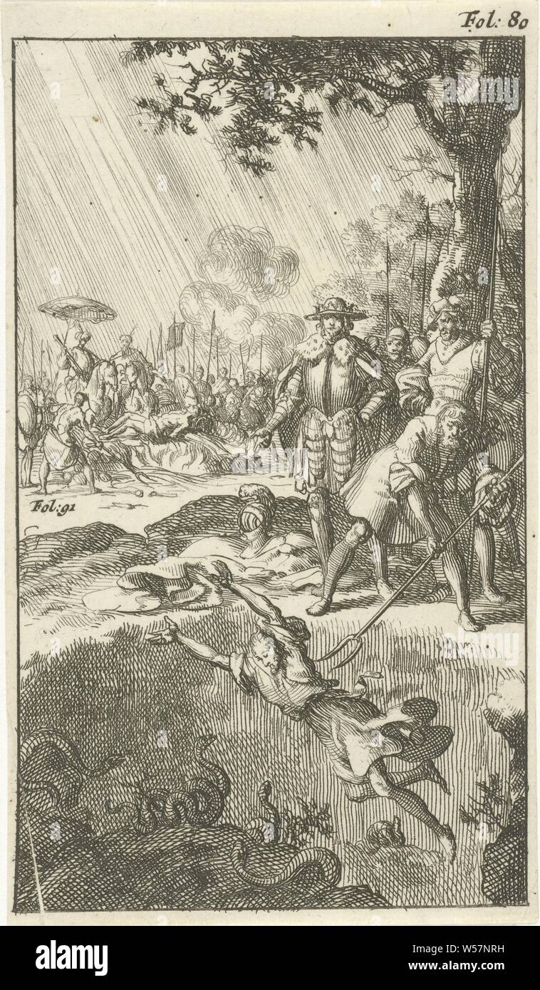 Regner, roi des Danois, emprisonnés et jeté dans une fosse avec des vipères, marquée d'impression supérieur droit : Fol 80, King, serpents : Viper, fosse, trou, Jan Luyken, Amsterdam, 1687, papier, gravure, h 132 mm × w 76 mm Banque D'Images