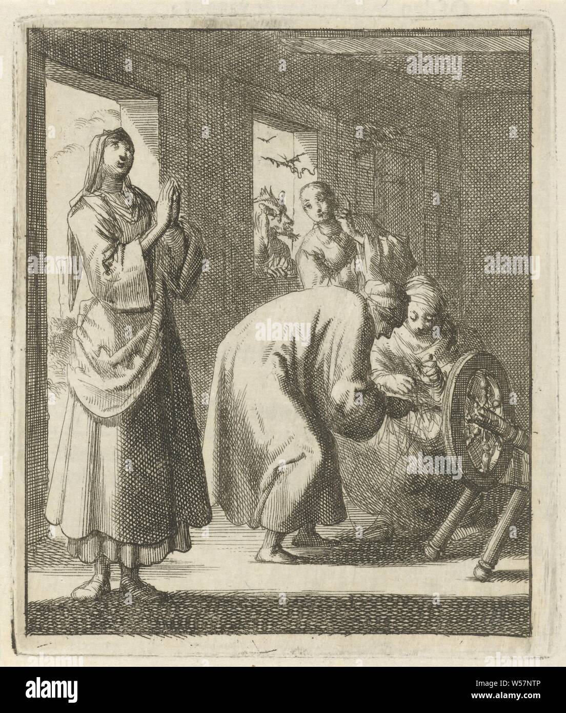 Les femmes priant et tournoie dans un intérieur, à la fenêtre Satan chuchote une quatrième femme à l'oreille l'quaa, est un naa, orant, rouet, devil (s ) et les démons : Satan, Jan Luyken, Amsterdam, 1687, papier, imprimerie, h 94 mm × w 79 mm Banque D'Images