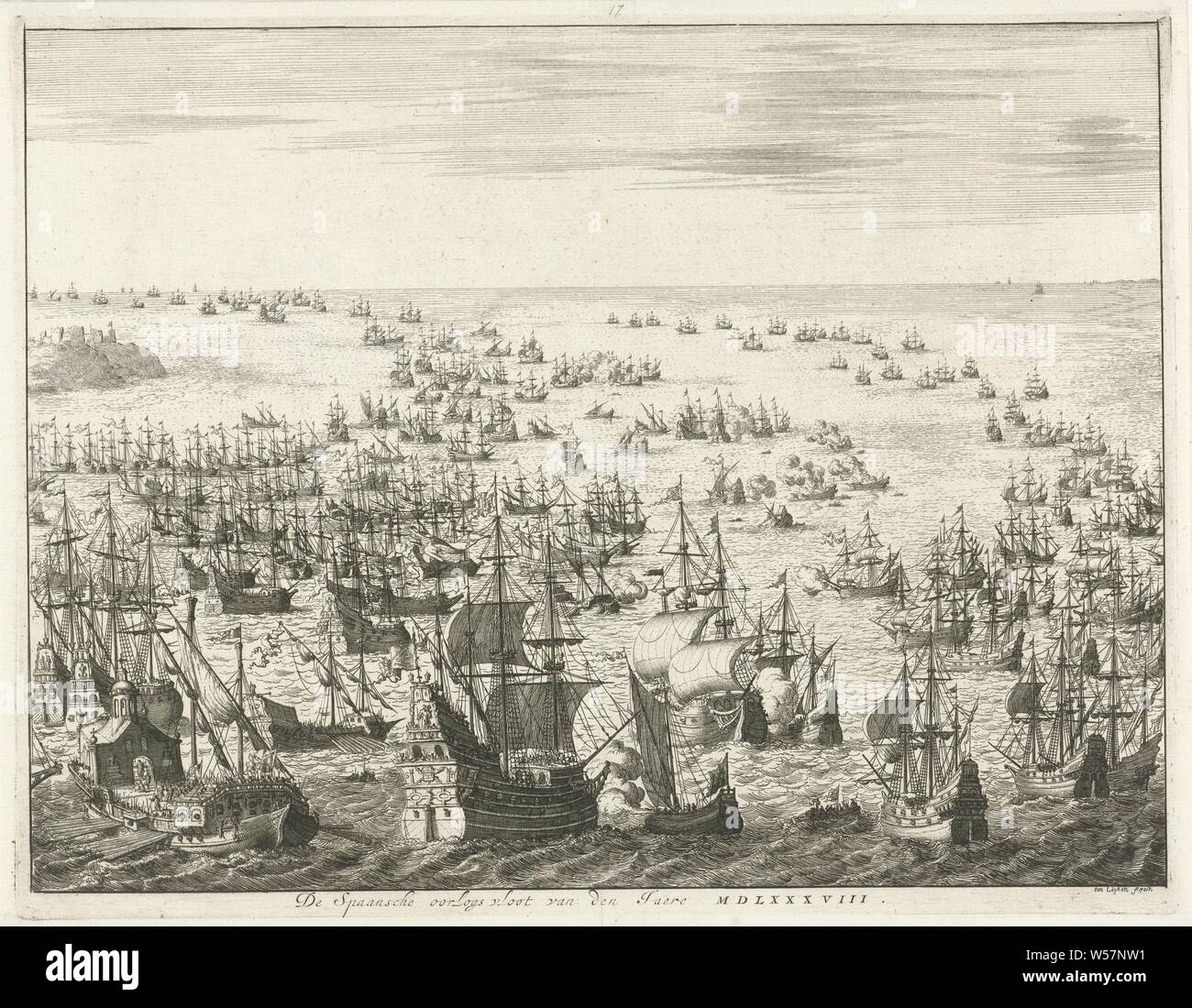 Chute de l'Armada espagnole, 1588 La guerre de la flotte espagnole Jaere MDLXXXVIII (titre sur l'objet), chute de l'Invincible Armada espagnole ou flotte, entre le 31 juillet et le 12 août 1588. Bataille entre l'espagnol et l'anglais et néerlandais flottes au canal. Dans l'avant-plan d'une grande frégate espagnole est tiré sur un petit navire néerlandais avec la bannière de la ville de Leiden, à gauche une galère, bataille navale (force), Manche, Jan Luyken (mentionné sur l'objet), Amsterdam, 1679 - 1684, le papier, gravure, h 272 mm × W 351 mm Banque D'Images