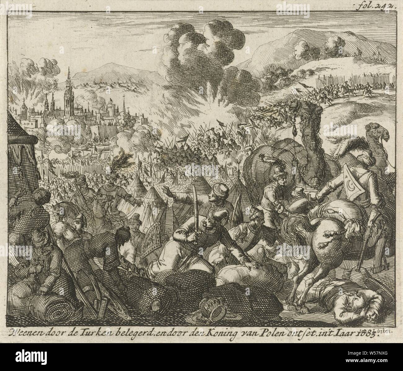 Vienne assiégée par les Turcs, 1683 Viennese assiégée par les Turcs, et démembré par le roi de Pologne en l'an 1683 (titre sur l'objet), d'impression supérieur droit : fol. 242, attaque, siège, Vienne, Jan Luyken (mentionné sur l'objet), 1689, papier, gravure, h 115 mm × W 134 mm Banque D'Images