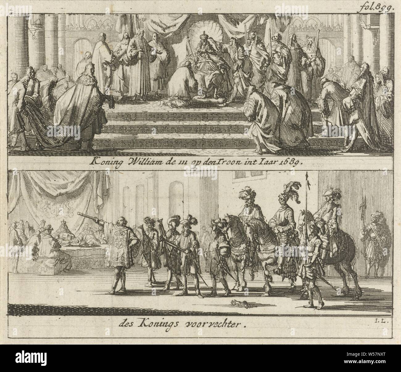 Willem III sur le trône et la cérémonie avec le camp royal fighter, 1689 le roi William III sur le trône de l'année 1689 int / le champion du Roi (titre sur l'objet), feuille avec deux spectacles. Au-dessus de King William III sur le trône anglais, 1689. Ci-dessous la cérémonie au cours de laquelle le camp royal fighter à cheval, accompagné de deux autres cavaliers, les défis n'importe qui qui conteste la légalité du choix du nouveau roi, 21 avril 1689. Haut de page main droite marque : fol. 899, après le couronnement, Londres, Willem III (Prince d'Orange et le roi d'Angleterre, Ecosse et Irlande), Jan Luyken (mentionné sur l'objet Banque D'Images