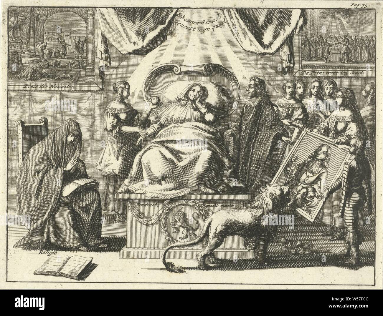 Allégorie de la position de Guillaume III comme sauveur de la patrie, 1672, Guillaume III comme sauveur de la patrie. Dans le spectacle la Vierge est au lit malade. À la fin du pied, qui est décoré avec les armoiries des sept provinces, le lion néerlandais lèche le portrait de Willem III. Sur la gauche le priant personnification de la religion. Le médecin de passage est probablement Constantin Huygens, patient, malade, représentations allégoriques, religion, 'Religione ' 'Religione le SS. Mauritio e Lazaro ' ' vera religione christiana '(Ripa), personnifications de pays, nations unies Banque D'Images