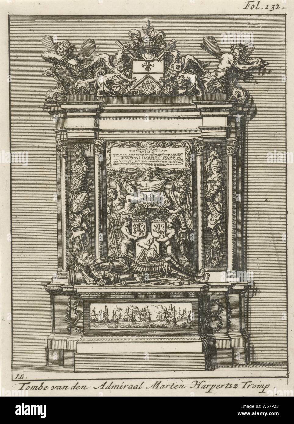 Tombe de l'amiral Maarten Harpertszoon Tromp tombe de l'amiral Tromp Harpertsz La Martre (titre sur l'objet), d'impression supérieur droit : Fol. 132, tombe, tombe, Maarten Harpertszoon Tromp, Jan Luyken (mentionné sur l'objet), 1692, papier, gravure, h 169 mm × W 126 mm Banque D'Images