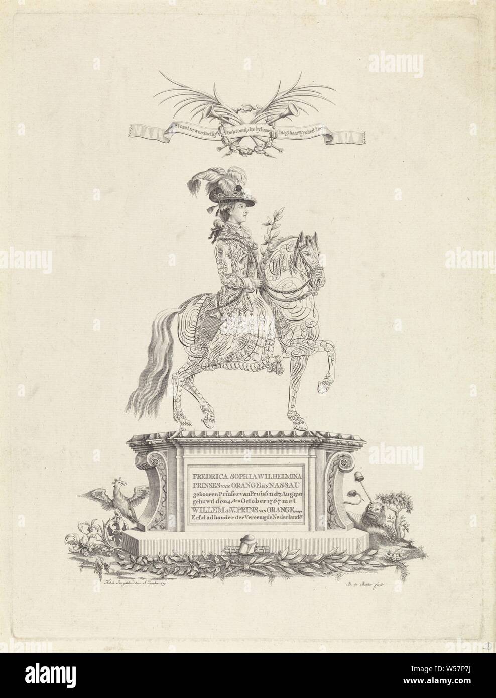 Portrait de Frederica Sophia Wilhelmina sur l'Frederica Sophia Wilhelmina (...) de l'Organisation des Pays-Bas (titre sur l'objet), Portrait de Frederica Sophia Wilhelmina avec une direction générale d'orange dans la main à cheval sur un piédestal présentée comme une statue équestre. Le cheval et la figure de la princesse d'Orange sont gravées en lignes de calligraphie. Le texte sur le ruban et les attributs tels que la couronne de laurier, des branches de palmier et trompettes rendre hommage à la princesse., Barent de Bakker (mentionné sur l'objet), 1789 - 1804, le papier, gravure, h 390 mm × W 294 mm Banque D'Images