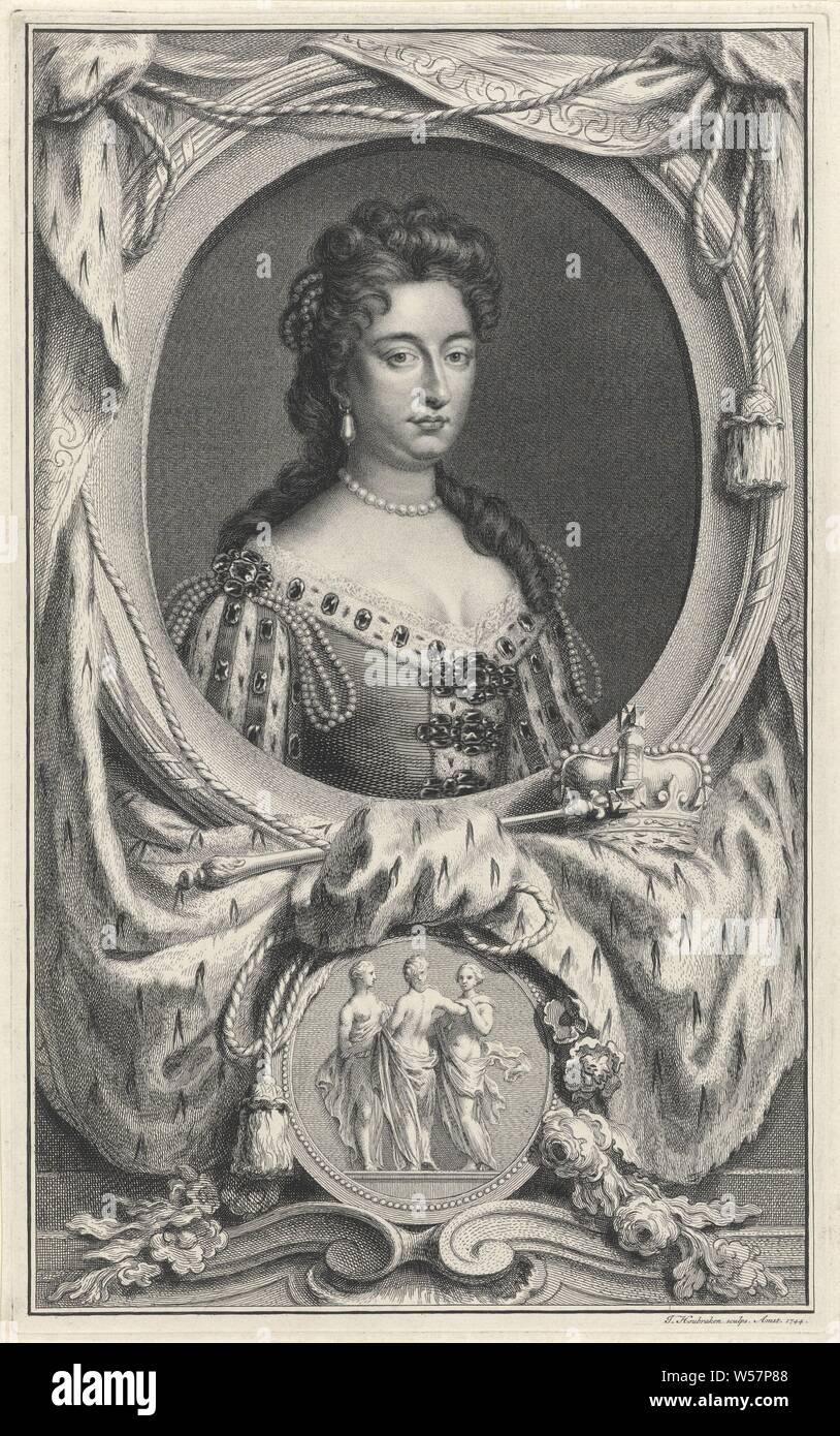 Portrait de Marie II Stuart, Portrait de Maria II dans un ovale. Il y a un certain nombre d'objets autour de lui, y compris une couronne et un sceptre. Sur le soulagement trois figures allégoriques dans un cercle, Marie II Stuart (Reine d'Angleterre, Ecosse et Irlande), Jacob Houbraken (mentionné sur l'objet), Amsterdam, 1744, papier, gravure, h 352 mm × W 218 mm Banque D'Images