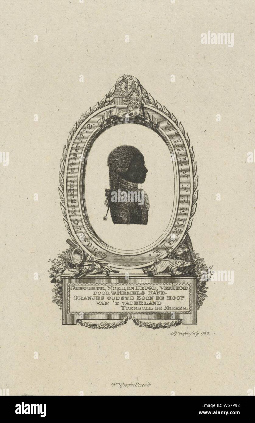 Portrait Silhouette de Willem Frederik I, Roi des Pays-Bas, Silhouette portrait de Willem I Frederik dans un ovale avec bordure lettrage. Il y a un certain nombre d'objets allégoriques autour de lui. Milieu au-dessus de son arme. Sur un piédestal de quatre lignes de texte néerlandais Willem Frederik j., (Roi des Pays-Bas), Jan Gerritsz. Visser (mentionné sur l'objet), Amsterdam, 1785, papier, gravure, h 163 mm × W 108 mm Banque D'Images
