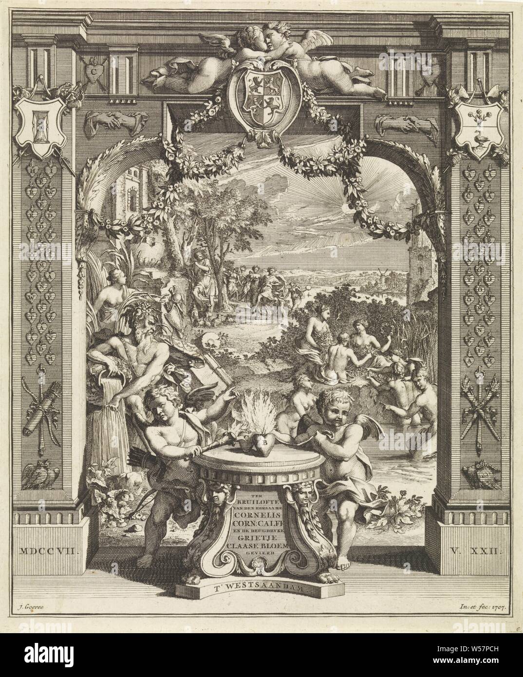 Allégorie sur l'engagement du mariage entre Cornelis Calff et Grietje Bloem page titre pour Johannes van Oosterwyk, au mariage de l'honorable Cornelis le maïs. Calff et la vertu pleurer Grietje Claase Bloem, 1707 lors du mariage de l'honorable Cornelis le maïs. Calff et la vertu pleurer Grietje Claase Bloem (titre sur l'objet), un arc de triomphe avec au milieu Cupidon et un putto. Les deux se tiennent de chaque côté d'un autel sur lequel deux coeurs avec les initiales C et B. Cupid définit le cœur en feu. Dans le contexte de fêtes les nymphes. Sur l'autel le titre du livre. Sur le dessus de l'Arc de Triomphe Banque D'Images