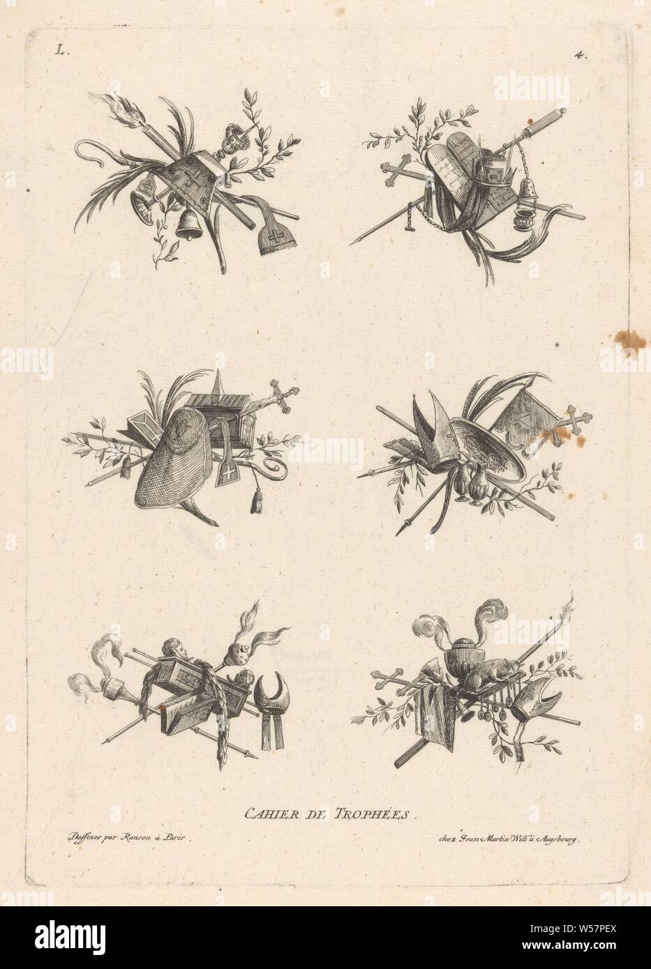 Trophées à l'attributs ecclésiastiques Cahier de Trophé es (titre de la série sur l'objet), six trophées à attributs ecclésiastiques tels que des tiges, les croix, les calices, les mites, des tables en pierre, les navires d'encens et de l'agneau sur le livre avec les sept timbres., trophée, ie : arrangement décoratif ou symbolique des objets typiques, ornement liturgique, (équipement) ou l'église, anonyme, en 1772 ou après - 1806, papier, gravure, h 290 mm × W 204 mm Banque D'Images