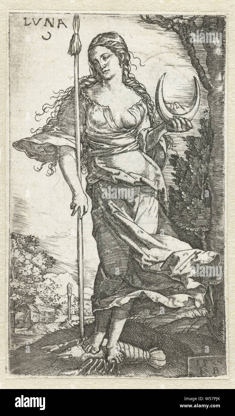 Diana LUNA (titre sur l'objet) Dieux assis sur les sept planètes (titre de la série), Diana comme la déesse lune Luna, debout sur la statue de homard, une star du personnel dans sa main droite et un croissant de lune à gauche. chaud comme Diana, la déesse-lune, ie Luna (Selene), l'IB Monogrammist (16e eeuw) (mentionné sur l'objet), l'Allemagne, 1529, papier, gravure, h 83 mm × w 49 mm Banque D'Images