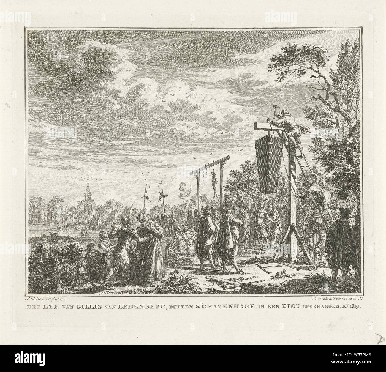 Le cadavre de Gillis van Ledenberg en suspension dans un cercueil, 1619 L'Lyk de Gillis van Ledenberg, suspendu à l'extérieur de La Haye dans un cercueil. Ao 1619 (titre sur l'objet), le cercueil avec le cadavre d'Gillis van Ledenberg, secrétaire d'Utrecht, est suspendue à un poteau. Regardez comment les spectateurs le cercueil est joint, peine de mort, l'exécution, La Haye, Gilles van Ledenberg, Simon Fokke (mentionné sur l'objet), Amsterdam, 1776, papier, gravure, h 178 mm × W 204 mm Banque D'Images
