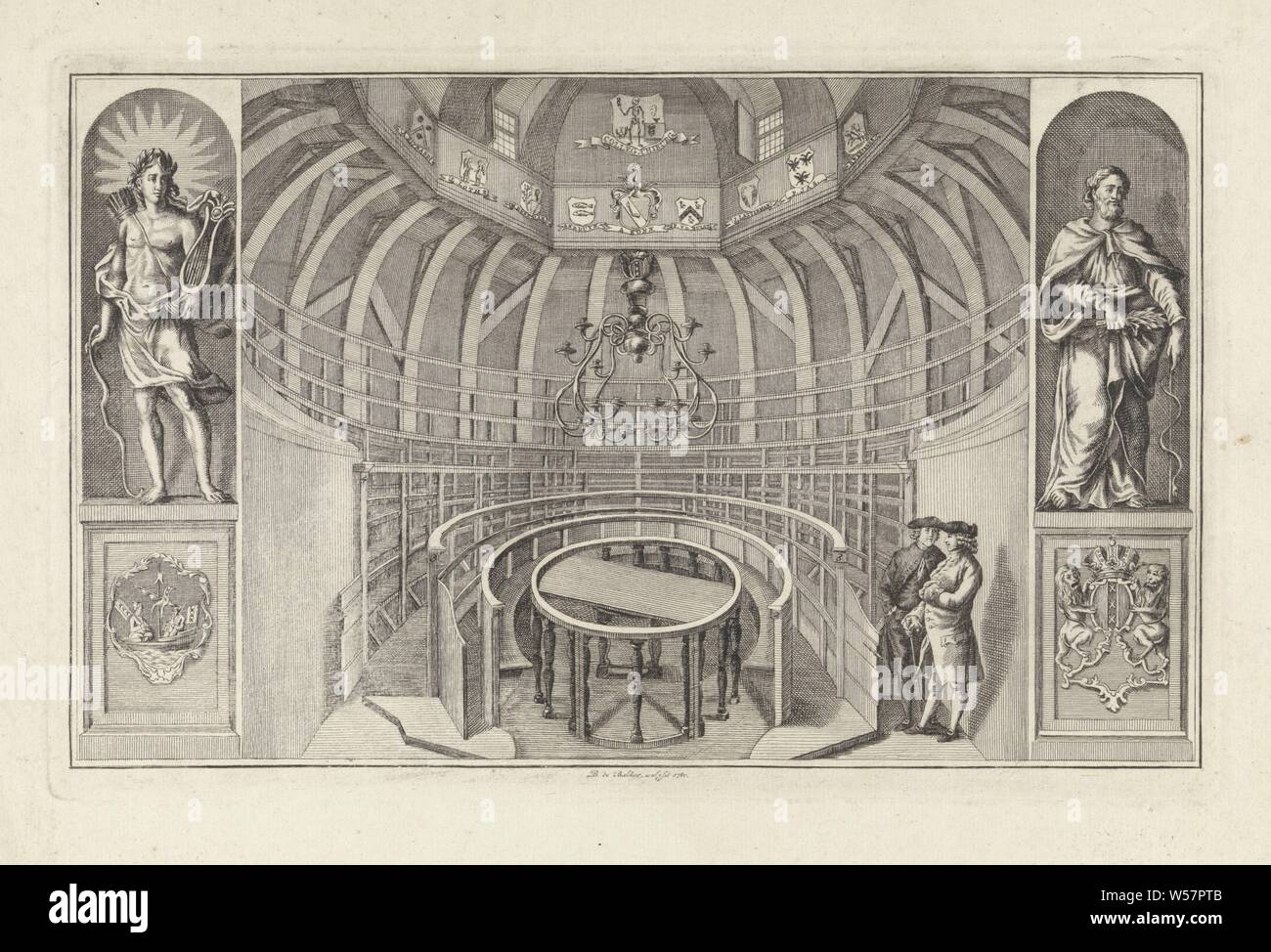 De l'Intérieur théâtre anatomique Collegium Churgical, Amsterdam, avec des stands et table de découpe. Des deux côtés il y a des statues dans des niches, à gauche le dieu Apollon avec arc et flèche et lyre et sur la droite un saint ou philosopher avec feuilles de palmier et le caducée, la baguette avec la liquidation de serpentine Mercure et l'attribut du chirurgien., salle de dissection Theatrum Anatomicum, ' ', (Histoire de) Apollo (Phoebus), caducée (personnel avec deux serpents, l'attribut de mercure), Barent de Bakker (mentionné sur l'objet), 1780, papier, encre, stylo, h 212 mm × W 332 mm Banque D'Images