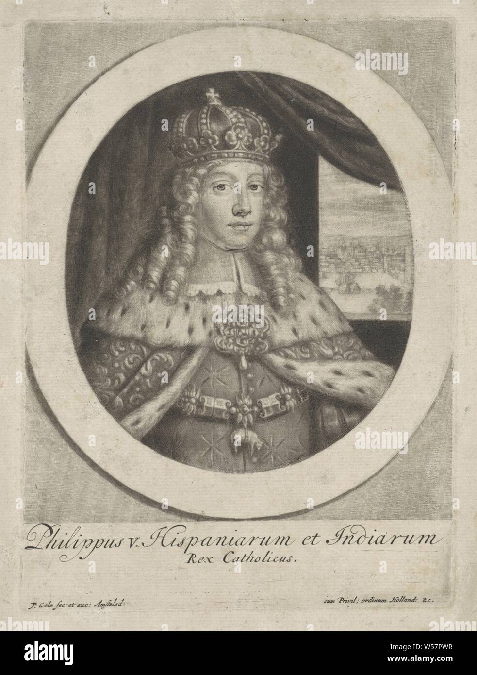 Portrait de Philippe V, Roi d'Espagne, le jeune duc Philippe d'Anjou, à partir de 1700 Le roi Philippe V d'Espagne. Il porte une couronne, le manteau de couronnement et d'une chaîne avec l'ordre signe de l'ordre de la Toison d'or, ordre de chevalerie de la Toison d'or, couronne (symbole de la souveraineté), manteau, robe, robe (symbole de la souveraineté), Philippe V (roi de l'Espagne), Jacob Gole (mentionné sur l'objet), Amsterdam, 1700 - 1724, papier, gravure, h 190 mm × W 139 mm Banque D'Images