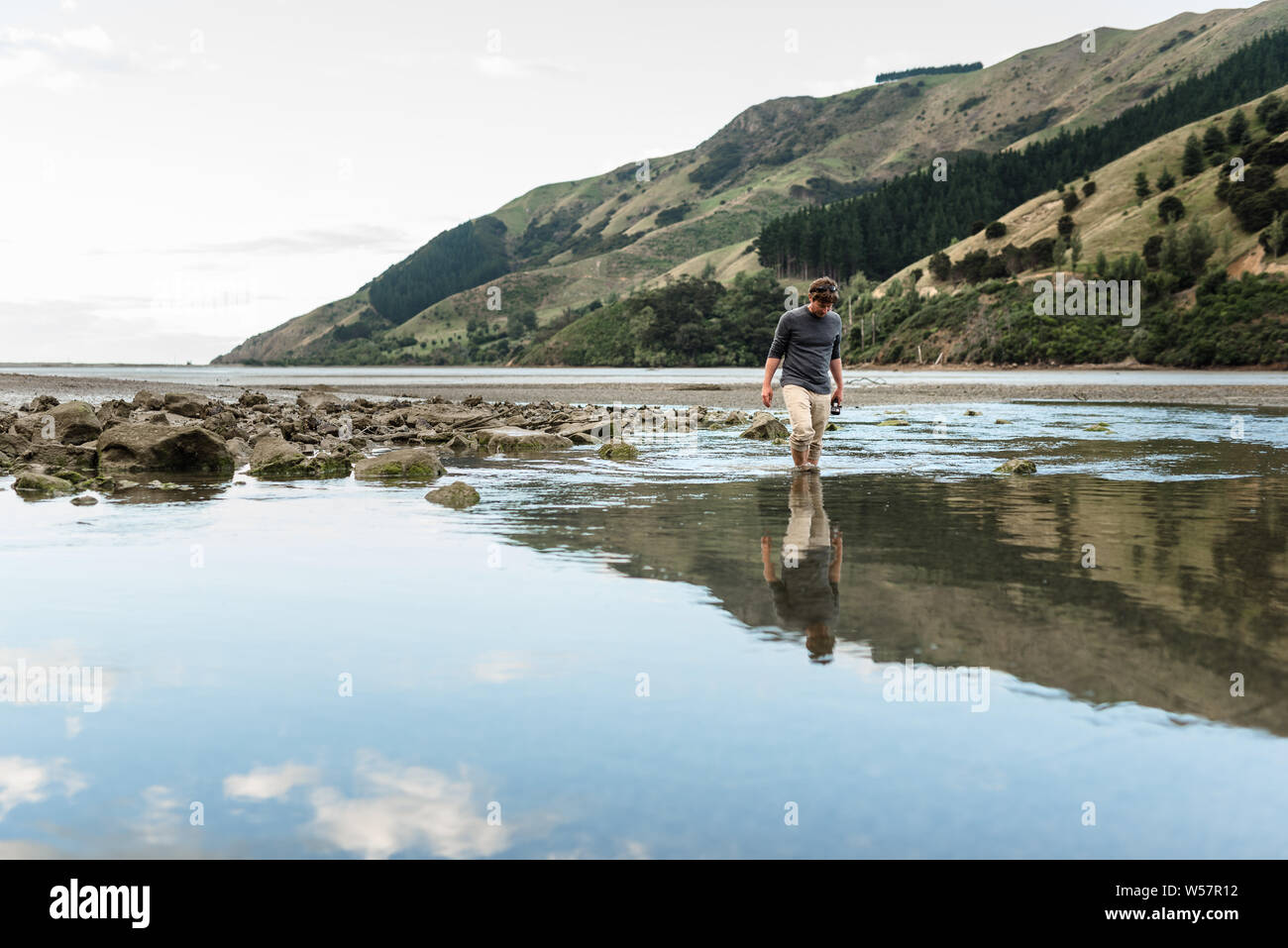 Homme marchant dans l'eau à marée basse en Nouvelle Zélande Banque D'Images
