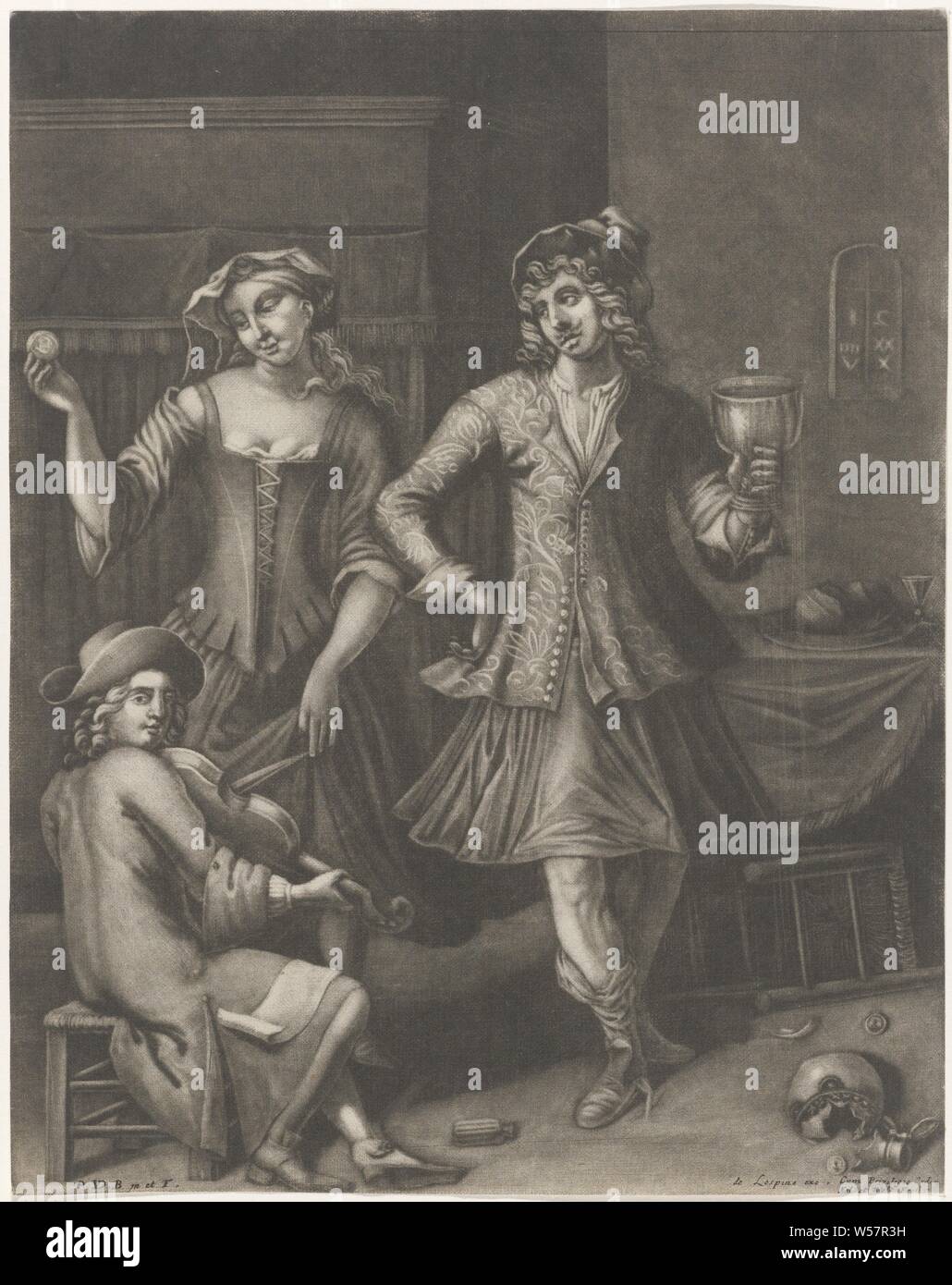 Couple de danseurs et un joueur de violon, Inn intérieurs avec un couple de danseurs et un joueur de violon. L'homme danse détient un grand verre de vin dans sa main et le tourbillon de femme a une pièce entre ses doigts. Sur le sol se trouvent une cruche cassée et un président, une personne jouant d'instruments à cordes (s'inclina), violon, violon, une paire de la danse, l'homme et de la femme de danser en couple, maison close, Pieter van den Berge (mentionné sur l'objet), Amsterdam, 1692 - 1737, papier, gravure, h 240 mm × W 189 mm Banque D'Images
