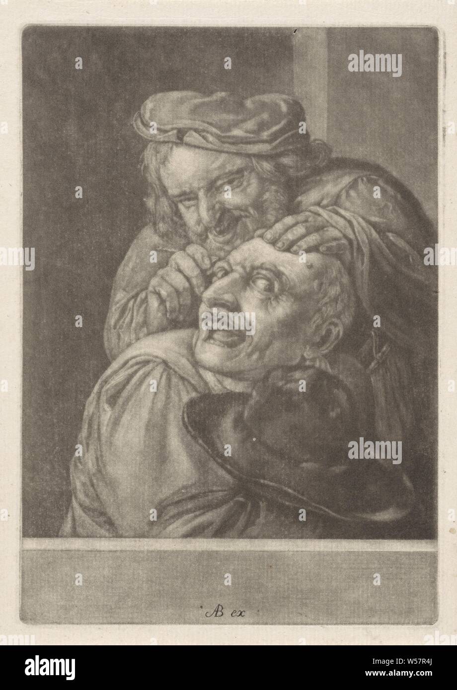 Keisnijder (le sentiment) Les cinq sens (titre de la série), le sens sentiment. Un homme coupe un rocher sur la tête d'un autre homme. L'impression est partie d'une série avec les cinq sens, sentiment (l'un des cinq sens), l'opération de la pierre, par ex. . : par la sorcière de Malleghem, Abraham Bloteling, Amsterdam, 1652 - 1690, papier, gravure, h 195 mm × W 136 mm Banque D'Images