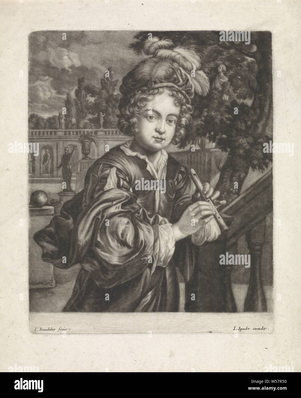 Joueur de flûte, un garçon avec une flûte se trouve dans un jardin avec des images classiques. Il porte un béret de plumes, de flûte, d'aulos, tibia, chef-d'engrenage : hat (vêtements pour hommes), Jan Broedelet (mentionné sur l'objet), Utrecht, 1690 - 1700, papier, gravure, h 180 mm × W 145 mm Banque D'Images