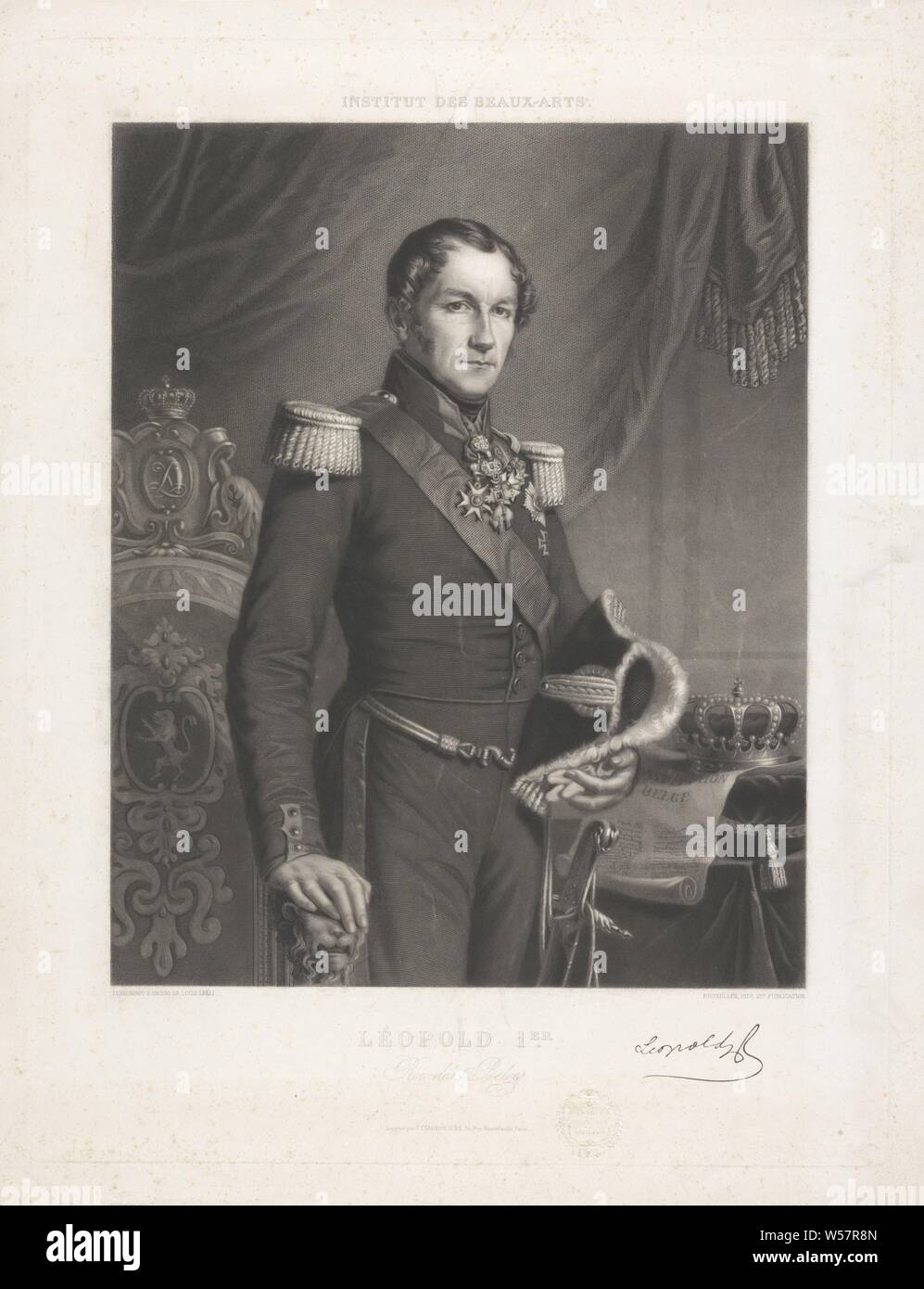 Portrait de Léopold I, Roi de Belgique Institut des Beaux-Arts (titre de la série sur l'objet), les personnes historiques, règle, souverain, Léopold I (Roi des Belges), Lucio Querino Lelli (mentionné sur l'objet), 1853, papier, gravure, h 512 mm × W 396 mm Banque D'Images