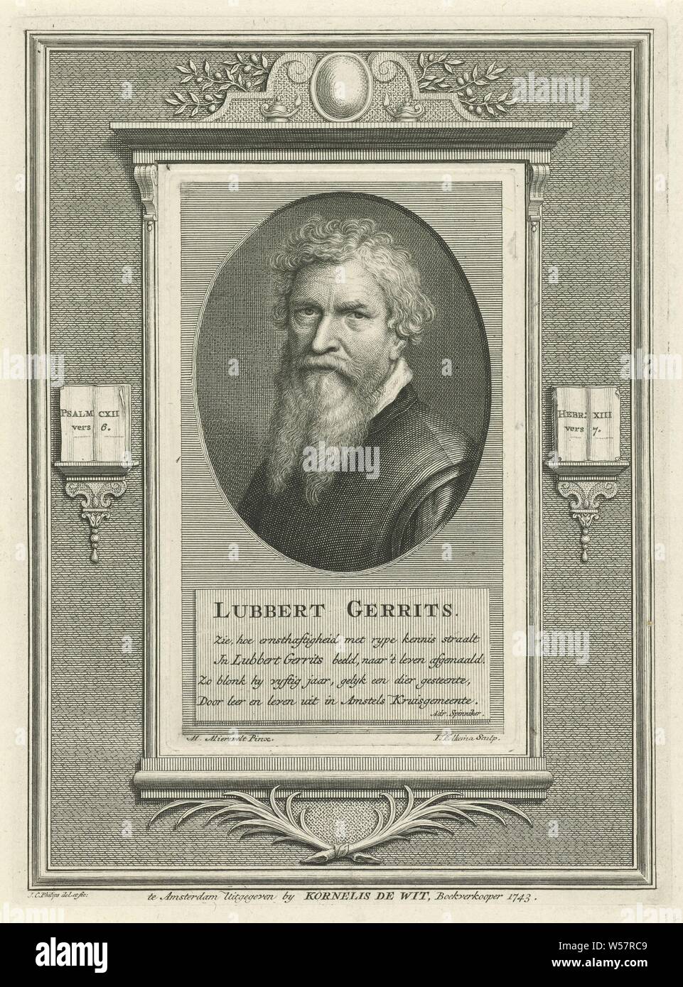 Portrait de Lubbert Gerrits, imprimer imprimé de deux plaques : buste en ovale à la gauche du pasteur Lubbert Gerrits, tête nue. Ci-dessous le portrait est le nom de la personne représentée et quatre lignes de verset en néerlandais. Le portrait est encadré par une bordure ornementale, imprimé à partir d'une autre plaque, et décoré avec des feuilles de palmier et branches d'oliviers. A gauche et à droite du portrait sont les références aux versets de la Bible, Lubbert Gerrits, Jacob Folkema (mentionné sur l'objet), Amsterdam, 1743, papier, gravure, h 138 mm × 83 mm w × h 213 mm × W 157 mm Banque D'Images