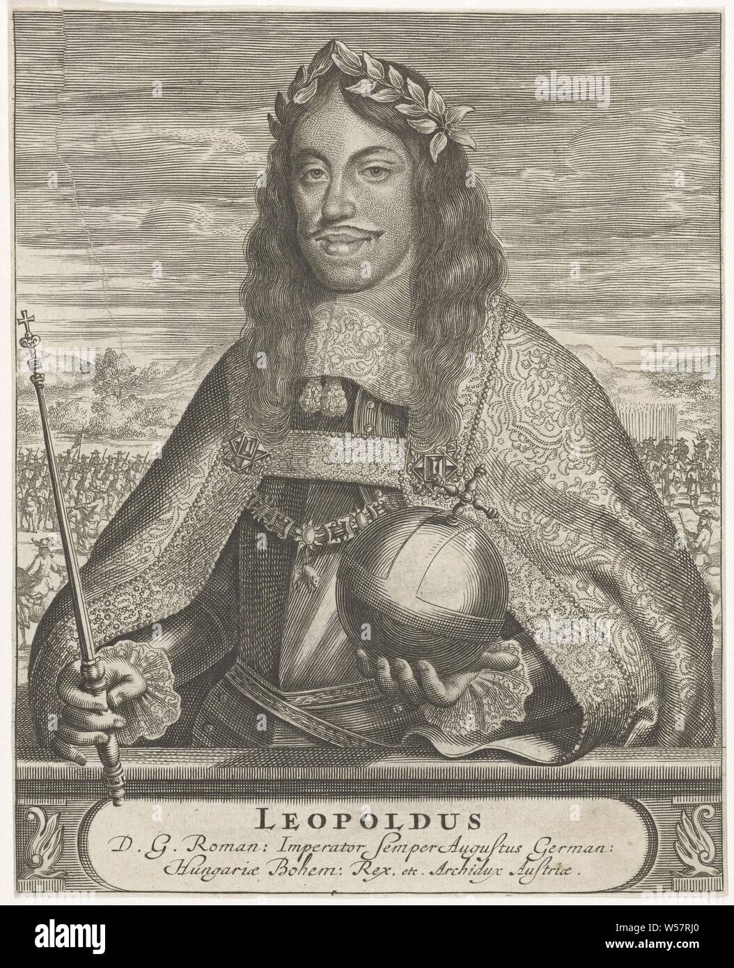 Portrait de Léopold Ier, empereur d'Allemagne, Half-length portrait à gauche de Léopold Ier, empereur d'Allemagne. Autour de son cou le signe de l'ordre de la Toison d'or. Il porte une couronne de laurier sur la tête et tient un sceptre dans sa main gauche et un riche apple dans sa main droite. Dans l'arrière-plan une armée sur pied et quelques cavaliers. En vertu de son portrait un socle, sur lequel son nom et titre en deux lignes dans un cartouche, manteau, robe, robe (symbole de la souveraineté), le sceptre, le personnel (symbole de la souveraineté), l'orbe (symbole de souveraineté, de sphère avec croix en haut), couronnant le vainqueur avec Laurel Banque D'Images