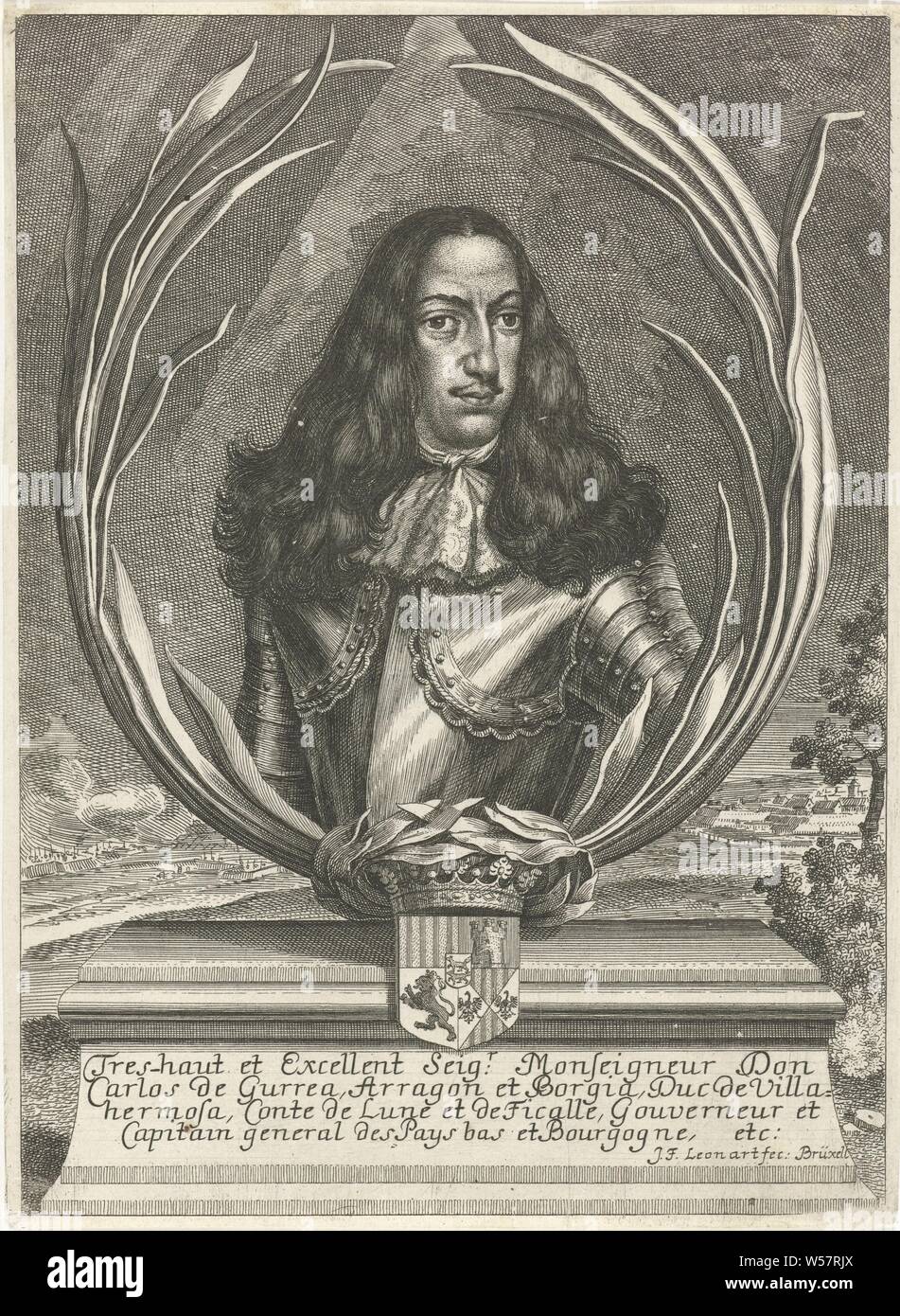 Portrait de Carlos de Gurrea, duc de Villahermosa, duc de Villahermosa et Gouverneur de la Hongrie des Habsbourg entre 1675 et 1677, Carlos de Gurrea (Duc de Villahermosa), Johann Friedrich Leonard (mentionné sur l'objet), Bruxelles, 1643 - 1680, papier, gravure, h 214 mm × W 158 mm Banque D'Images
