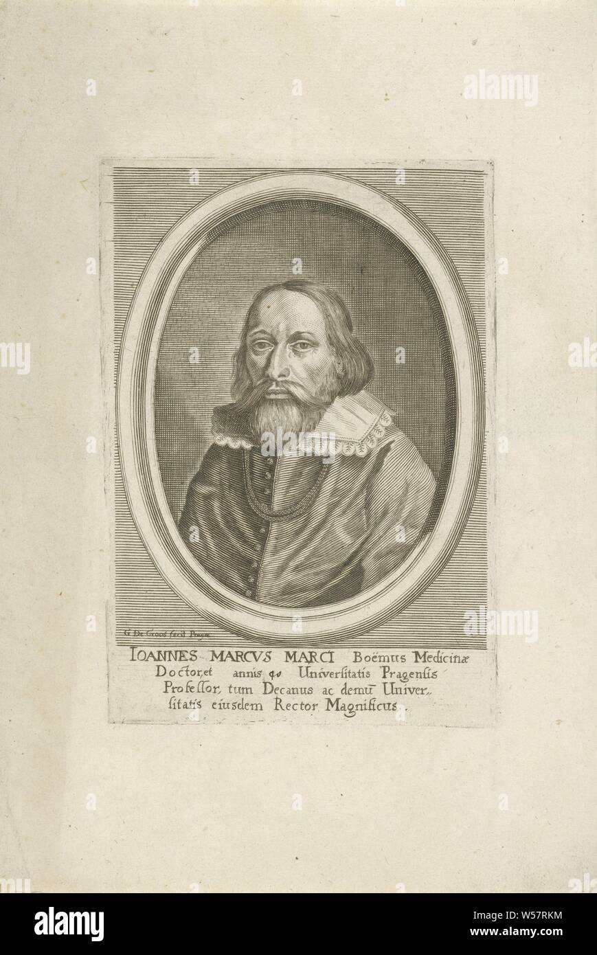 Portrait de Johannus Marcus Marci, vers la gauche. Le portrait est situé dans un cadre ovale. Dans la marge de la ligne quatre légende en latin, Johannus Marcus Marci, Gerard de Groos (mentionné sur l'objet), Praag, c. 1660 - 1730, papier, gravure, h 148 mm × W 102 mm Banque D'Images