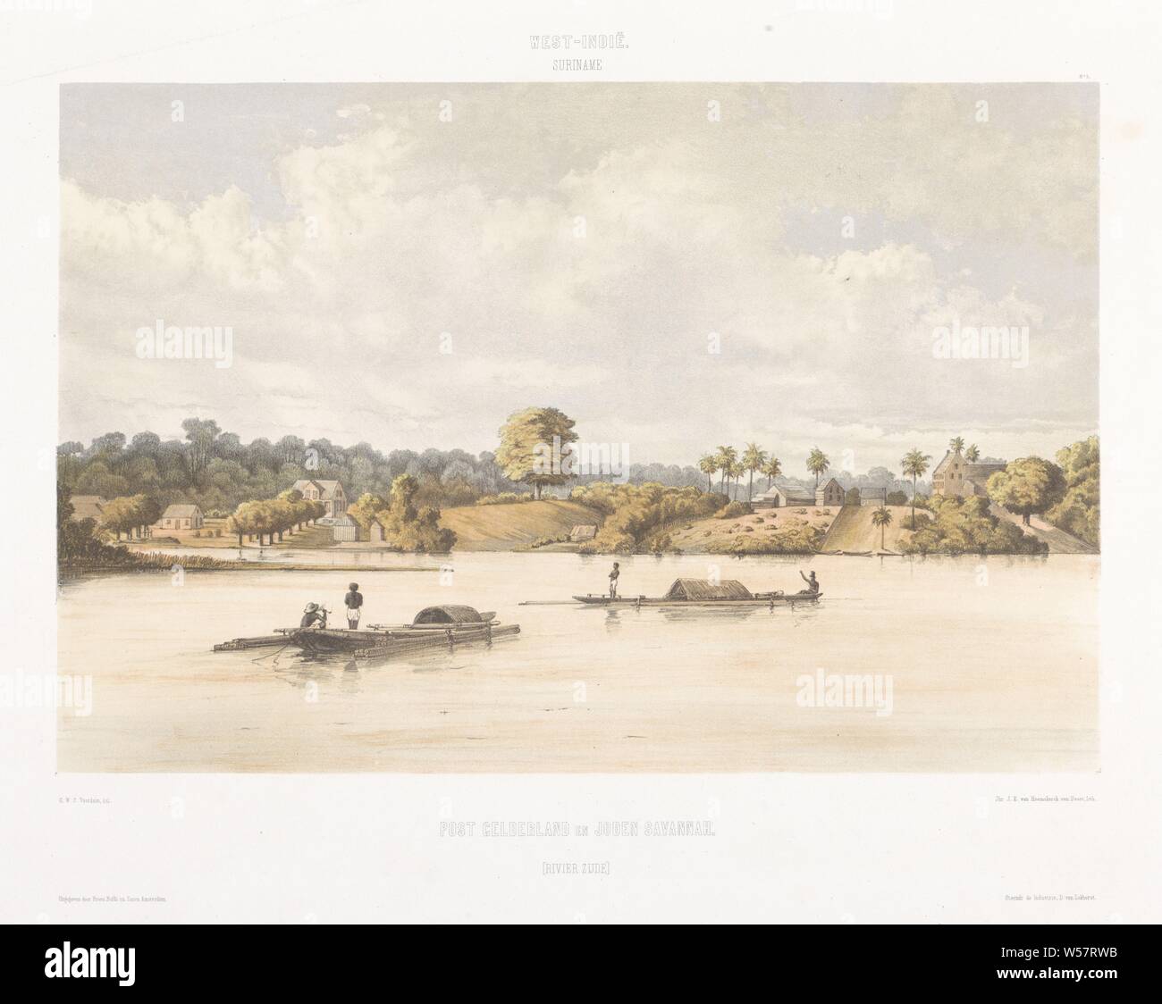 Voir de poster Gueldre et les Juifs de Savannah Gezigten West-Indien de Neerland (titre de la série), sur la rivière il y a deux barques de flotteurs contenant quatre chiffres. Plusieurs immeubles de la banque, rivière, Suriname, jonkheer Jacob van Heemskerck Eduard van Beest (mentionné sur l'objet), 1860 - 1862, papier, h 424 mm × W 545 mm Banque D'Images