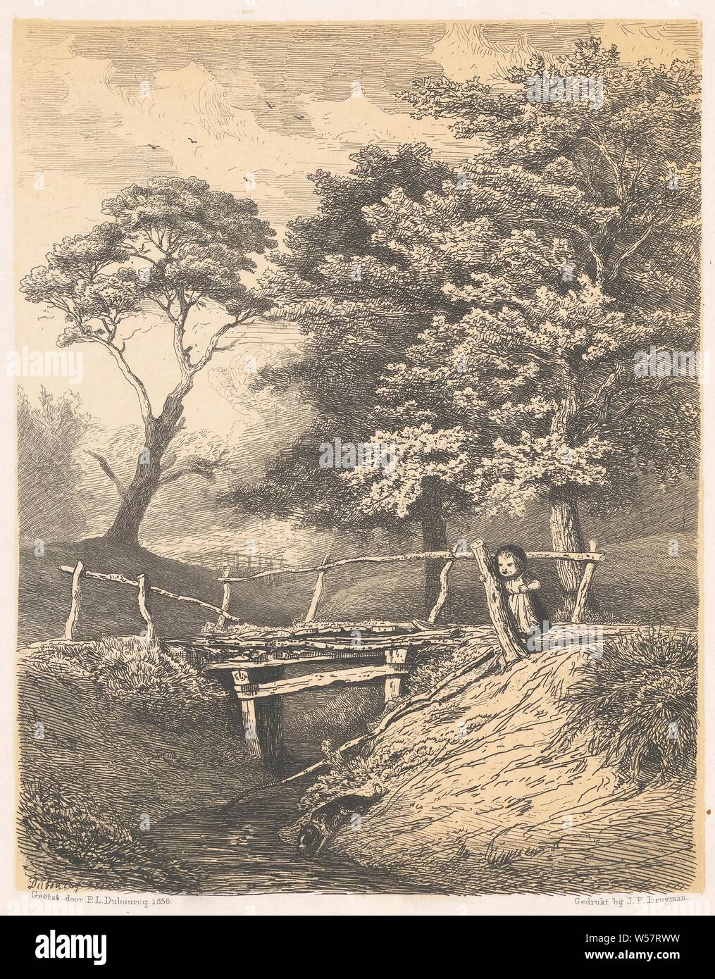 Fille avec chien à pont de bois, l'enfant jouant avec des animaux, Pierre Louis Dubourcq (mentionné sur l'objet), 1856, papier, pointe sèche, h 225 mm × W 190 mm Banque D'Images