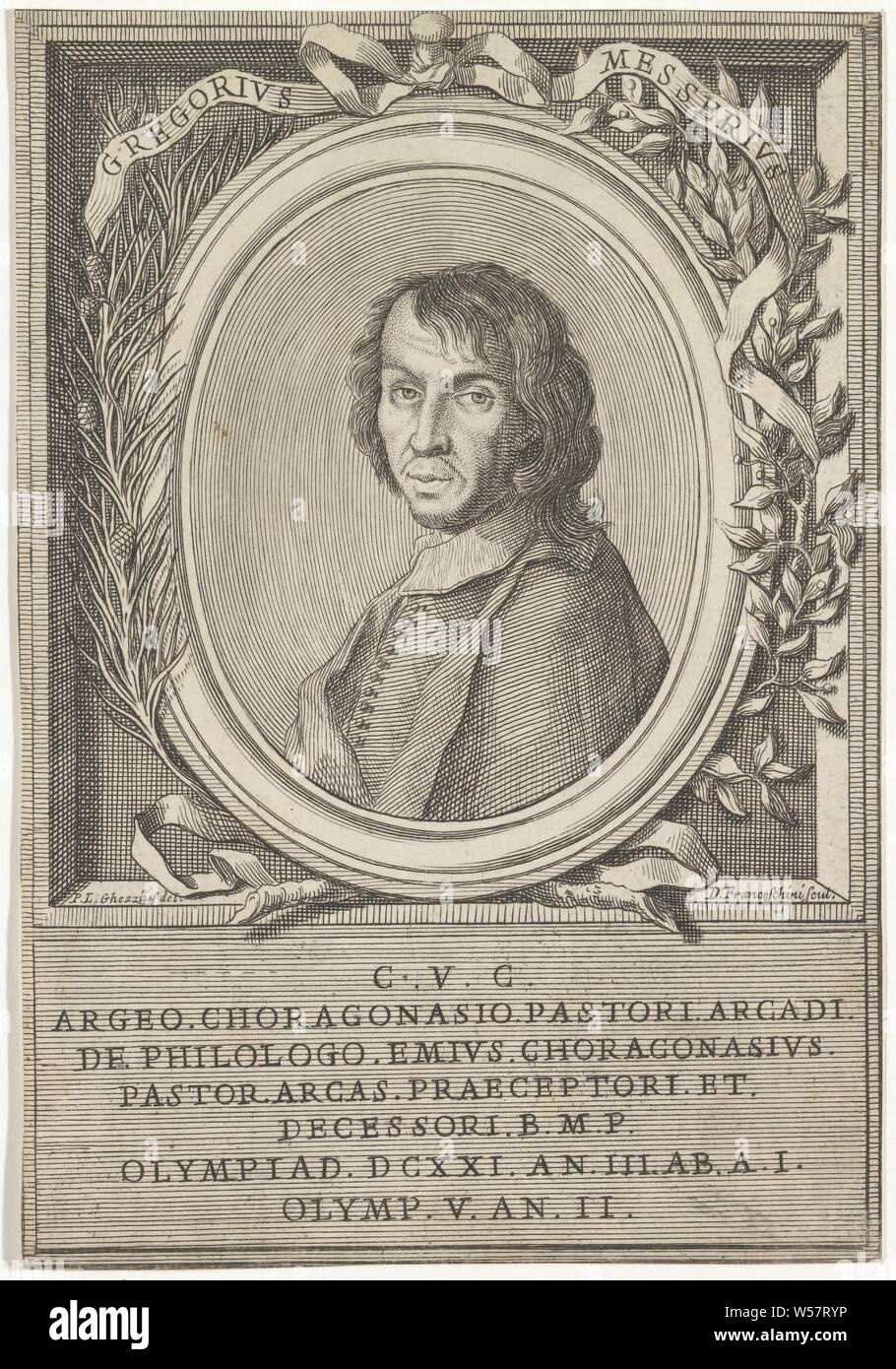 Portrait de Gregorio Messere, historique, portrait d'un écrivain, Gregorio Messere, Domenico Franceschini (mentionné sur l'objet), l'Italie, c. 1700, papier, gravure, h 175 mm × W 120 mm Banque D'Images